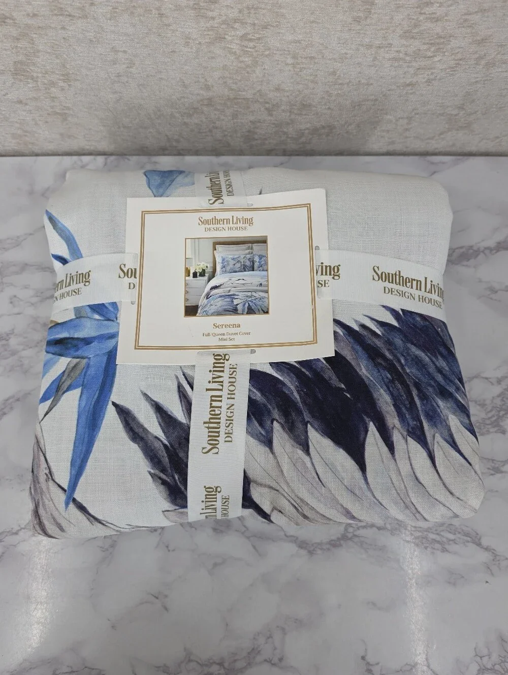 Southern Living Serenna Duvet Cover Mini Set 2 Shams Cotton Full Queen Blue Leaf